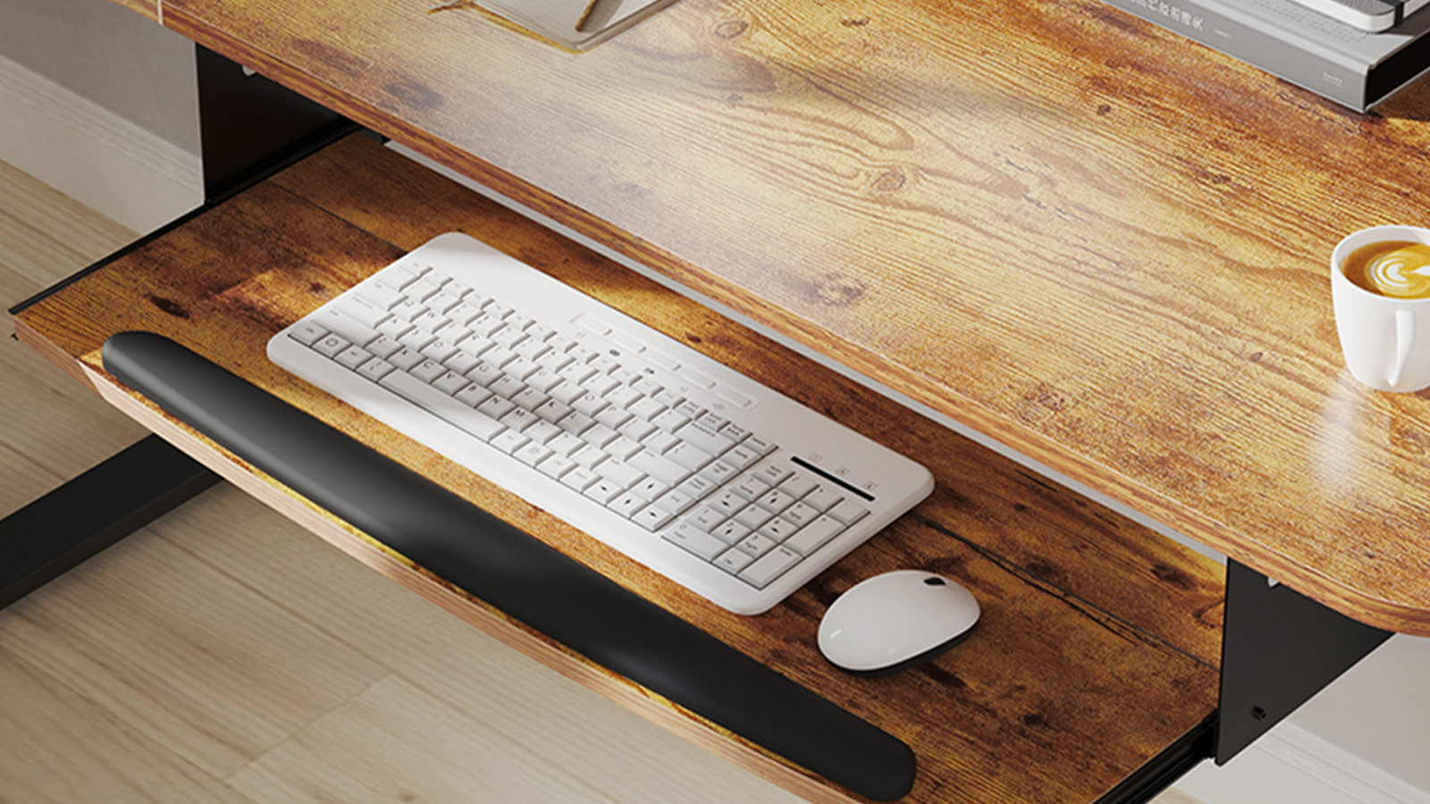 Slim computer desk store with keyboard tray