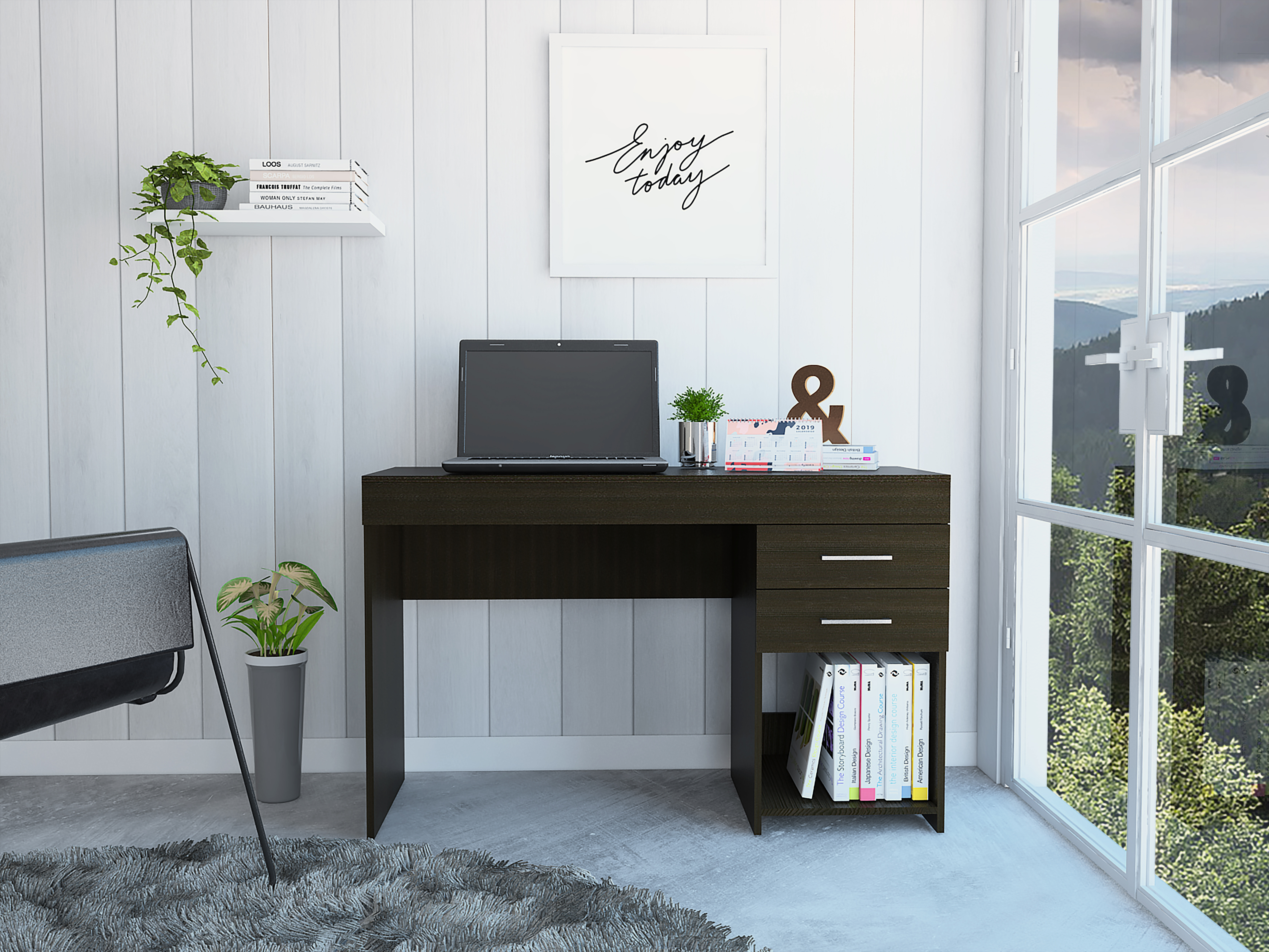 Black desk deals with two drawers