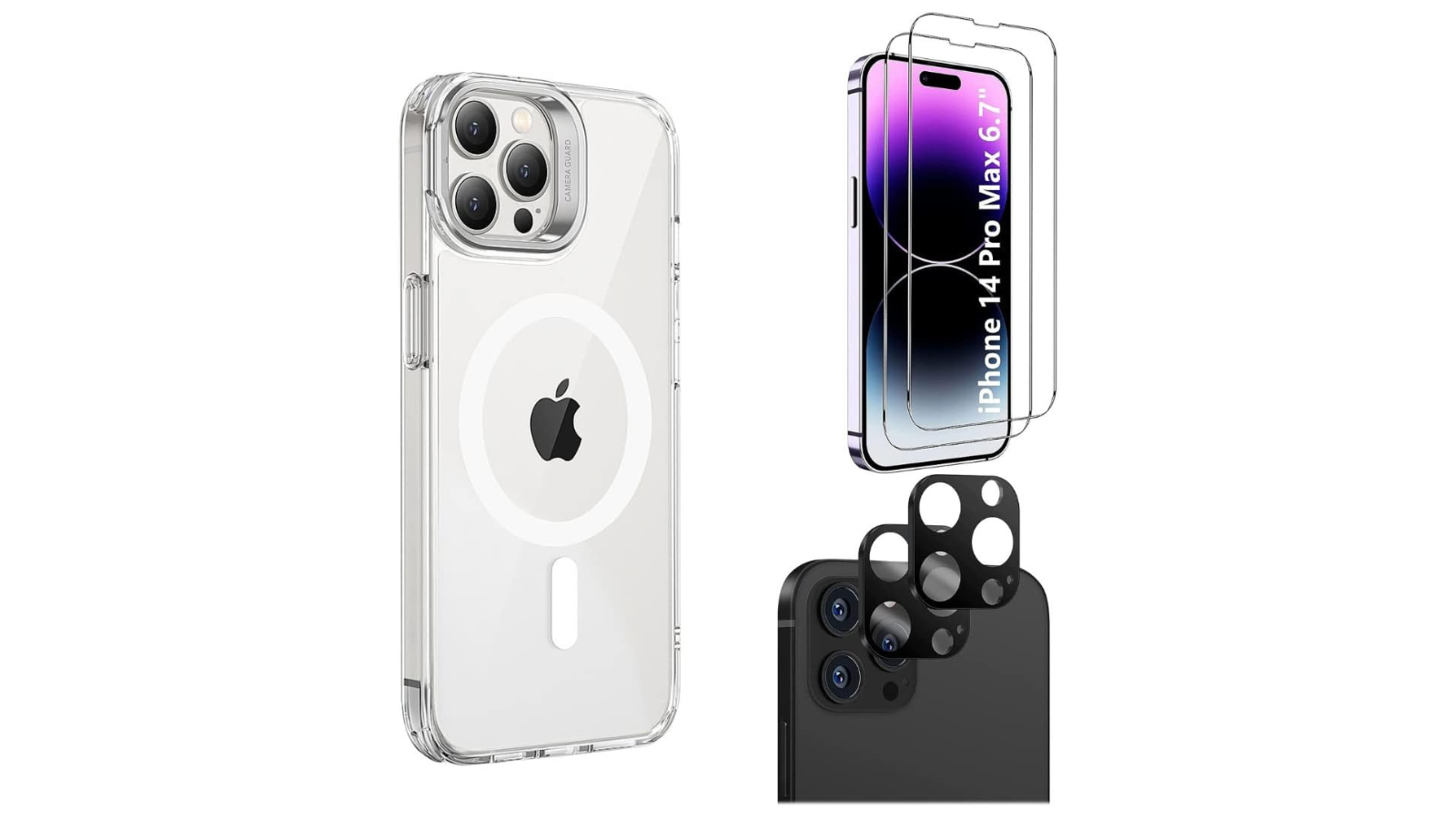 SaharaCase iPhone 14 Pro Max Protection Kit Bundle - Hybrid-Flex Kickstand Case with Tempered Glass Screen and Camera Protector - Clear