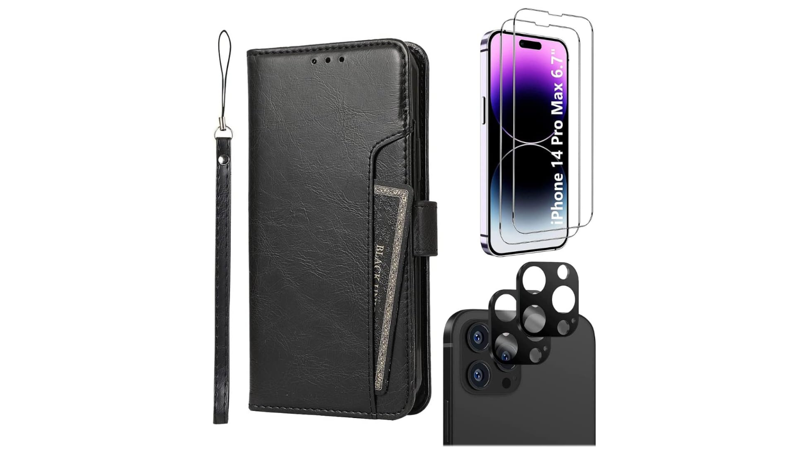 SaharaCase iPhone 14 Pro Max Protection Kit Bundle - Leather Folio Wallet Case with Tempered Glass Screen and Camera Protector (Black)