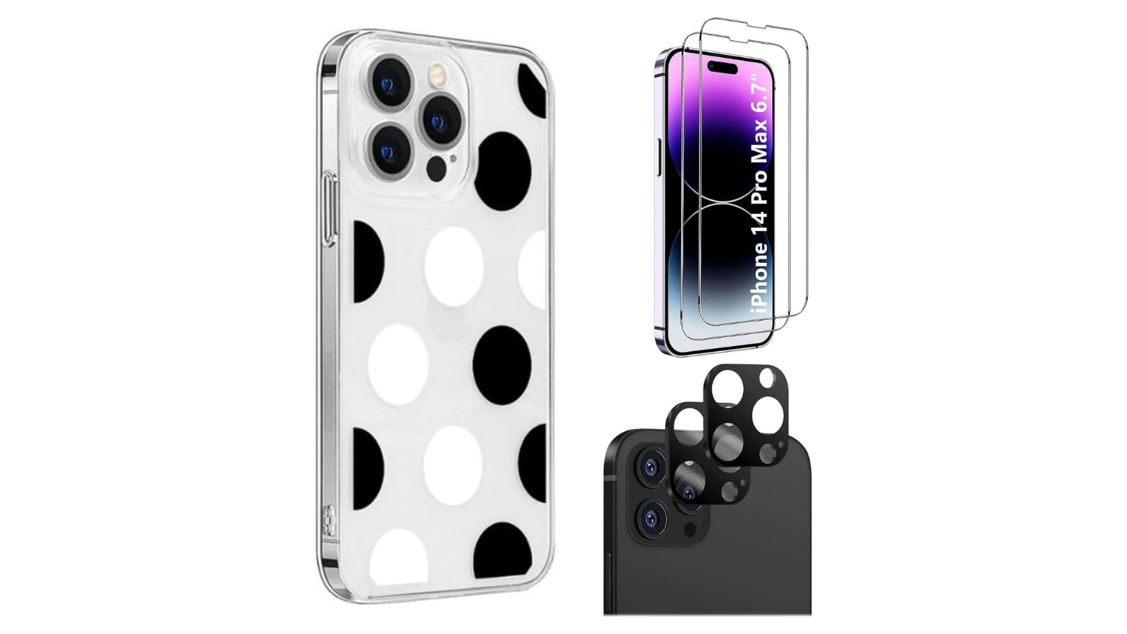 SaharaCase iPhone 14 Pro Max Protection Kit Bundle - Polkadot Hybrid-Flex Hard Shell Case with Tempered Glass Screen and Camera Protector (Clear/Black/White)