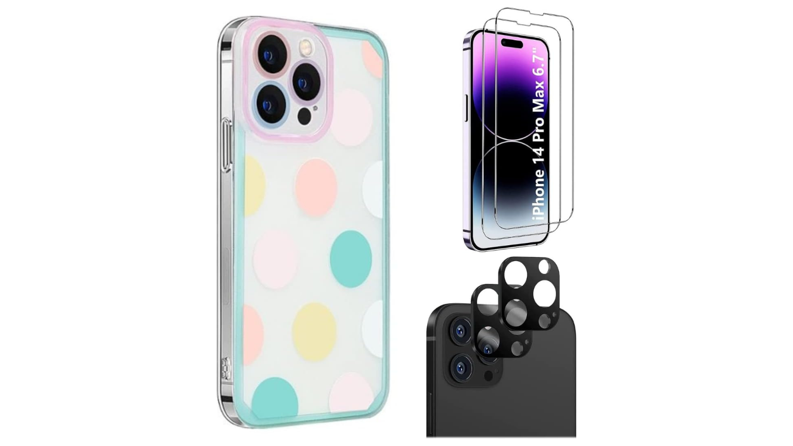 SaharaCase iPhone 14 Pro Max Protection Kit Bundle - Polkadot Hybrid-Flex Hard Shell Case with Tempered Glass Screen and Camera Protector (Clear/Pink/Teal)