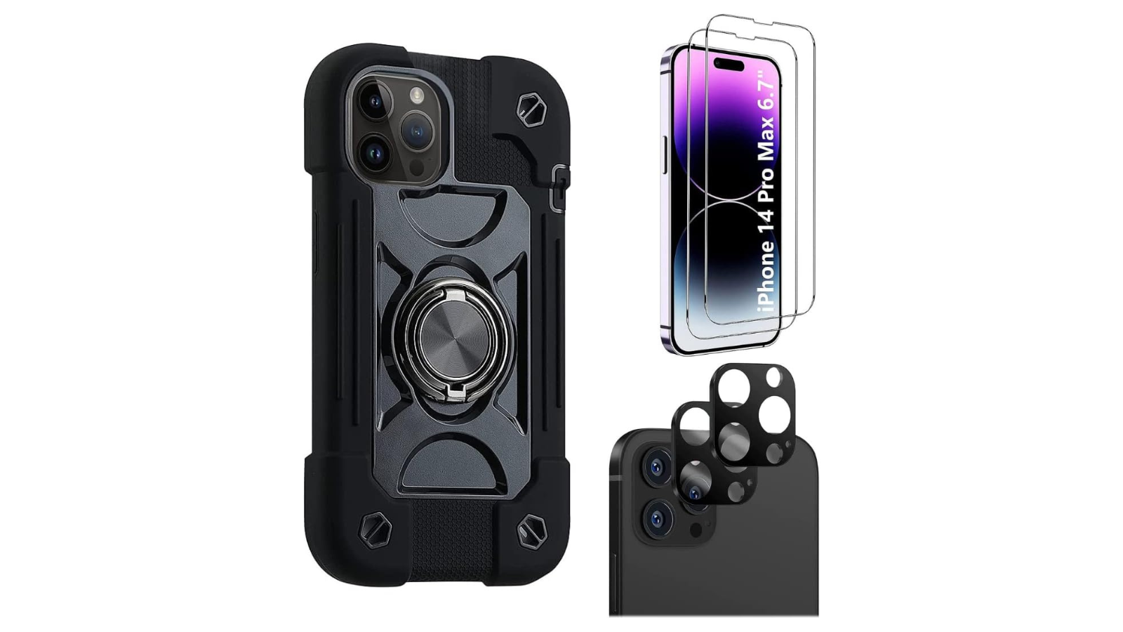 SaharaCase iPhone 14 Pro Max 6.7-inch Protection Kit Bundle - DualShock Series Case with Tempered Glass Screen and Camera Protector - Black