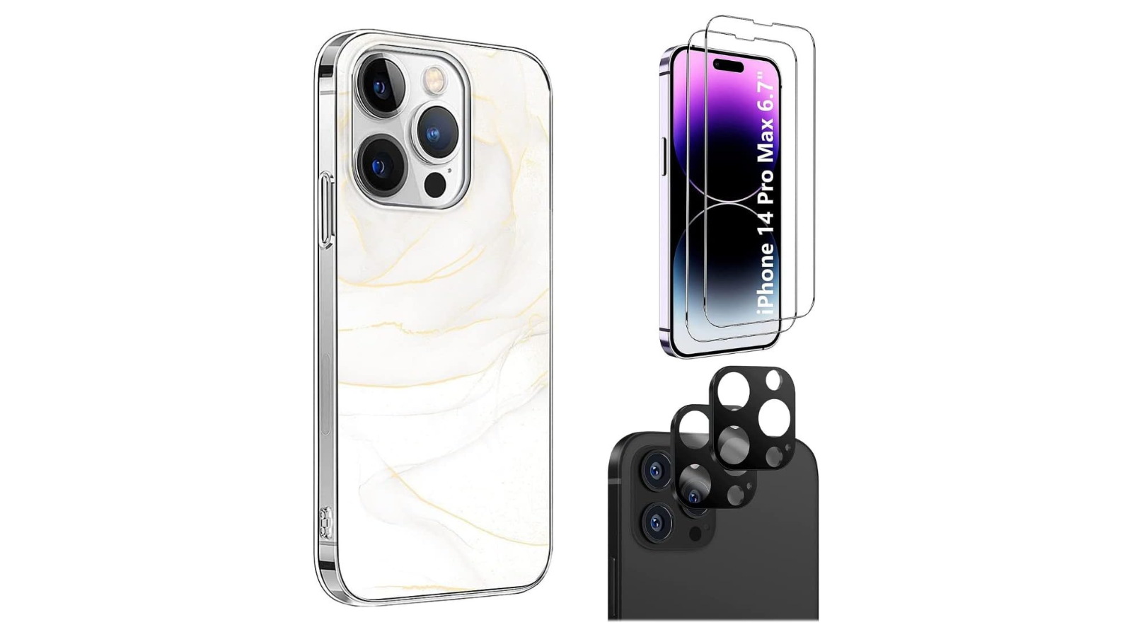 SaharaCase iPhone 14 Pro Max 6.7-inch Protection Kit Bundle - Marble Series Case with Tempered Glass Screen and Camera Protector (White Marble)