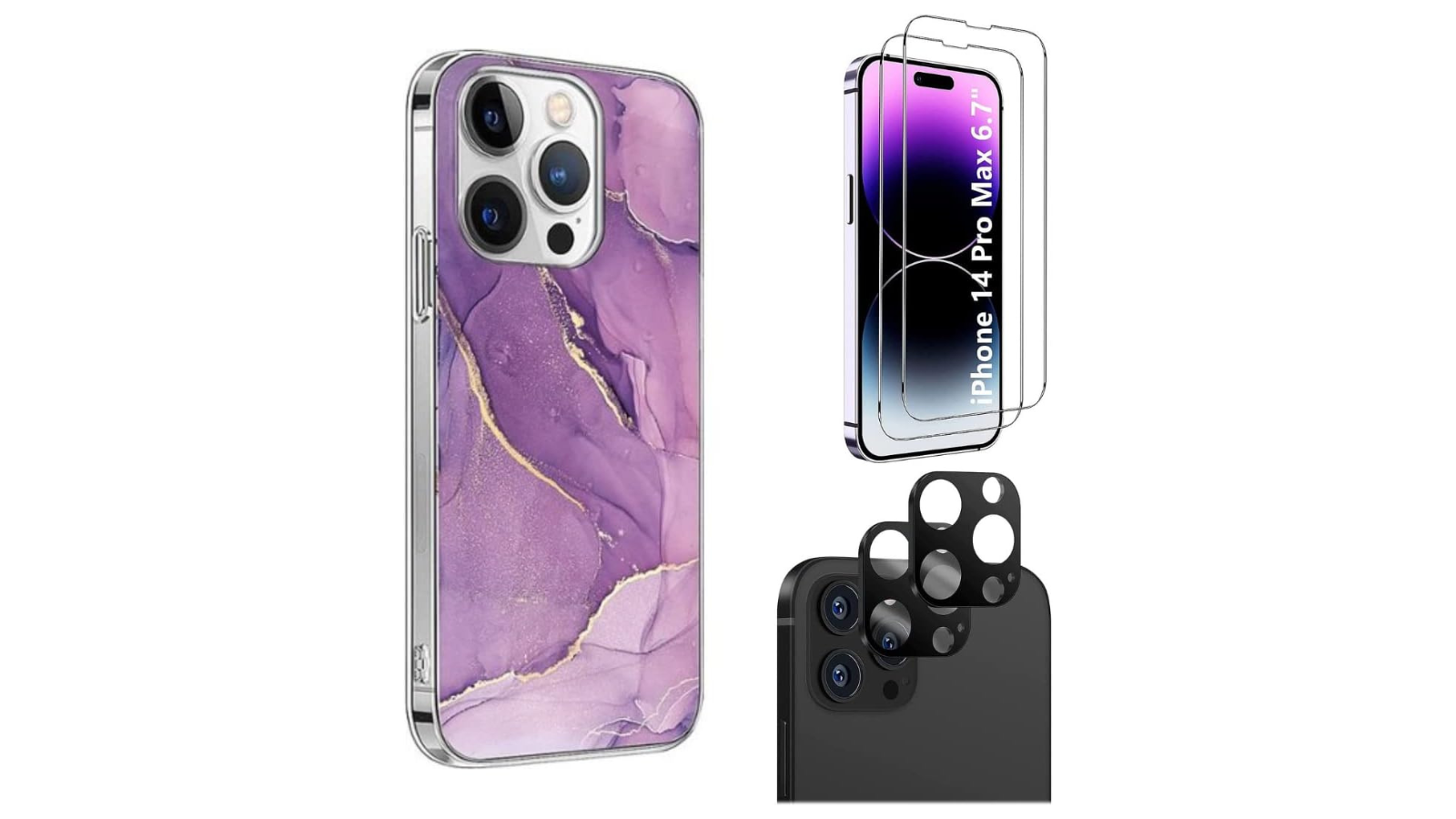 SaharaCase iPhone 14 Pro Max 6.7-inch Protection Kit Bundle - Marble Series Case with Tempered Glass Screen and Camera Protector (Purple Marble)