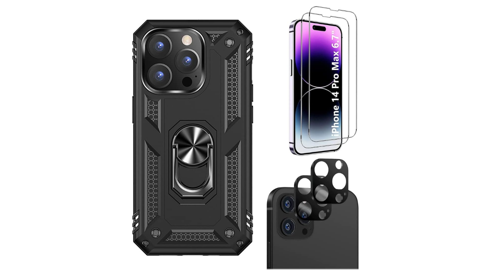 SaharaCase iPhone 14 Pro Max 6.7-inch Protection Kit Bundle - Military Kickstand Series Case with Tempered Glass Screen and Camera Protector - Black