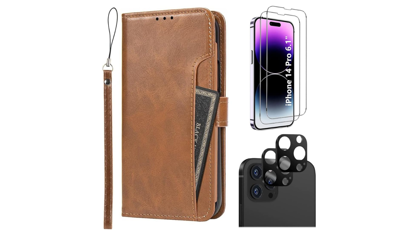 SaharaCase iPhone 14 Pro 6.1-inch Protection Kit Bundle - Folio Wallet Case with Tempered Glass Screen and Camera Protector (Brown)