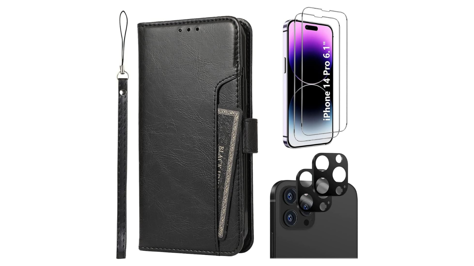 SaharaCase iPhone 14 Pro 6.1-inch Protection Kit Bundle - Folio Wallet Case with Tempered Glass Screen and Camera Protector (Black)
