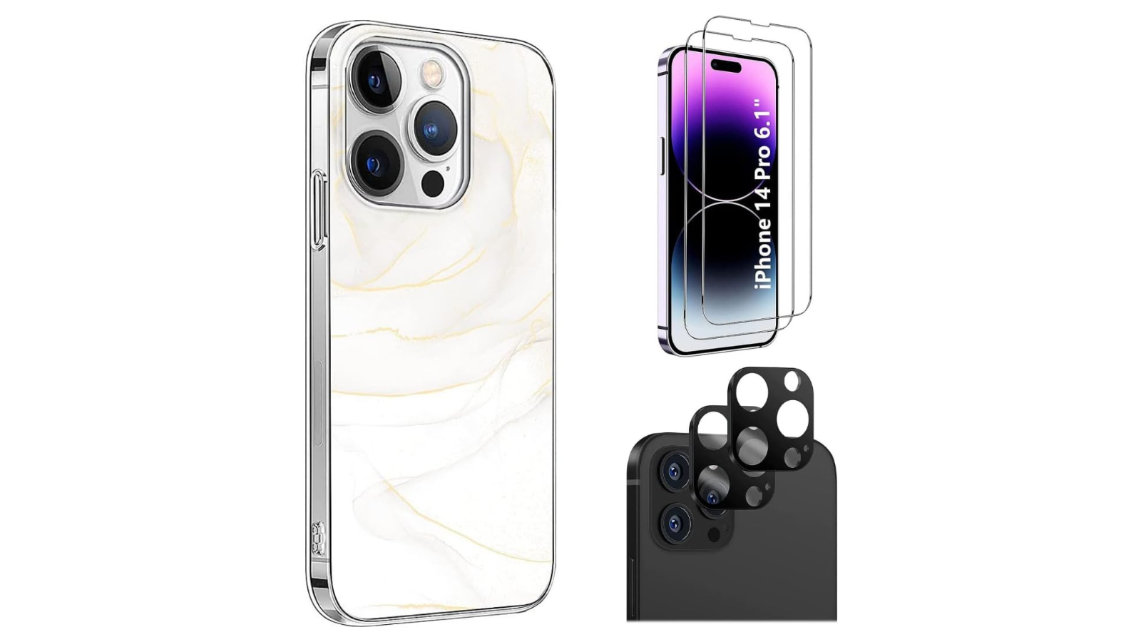 SaharaCase iPhone 14 Pro 6.1-inch Protection Kit Bundle - Marble Series Case with Tempered Glass Screen and Camera Protector (White Marble)