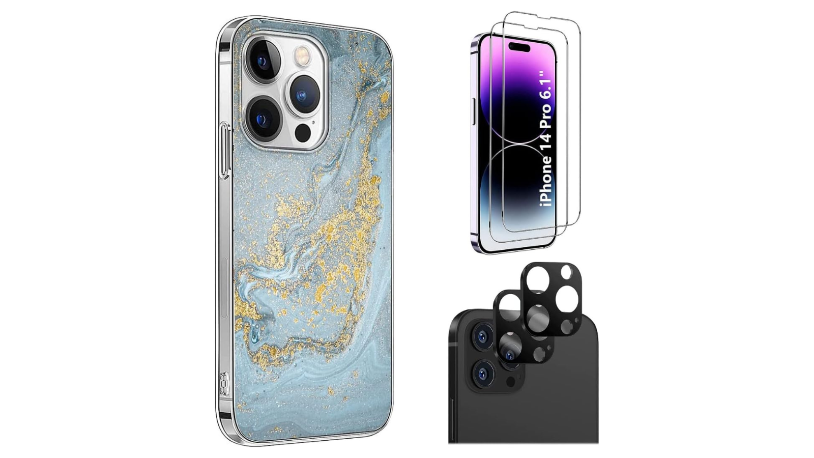 SaharaCase iPhone 14 Pro 6.1-inch Protection Kit Bundle - Marble Series Case with Tempered Glass Screen and Camera Protector (Blue Marble)