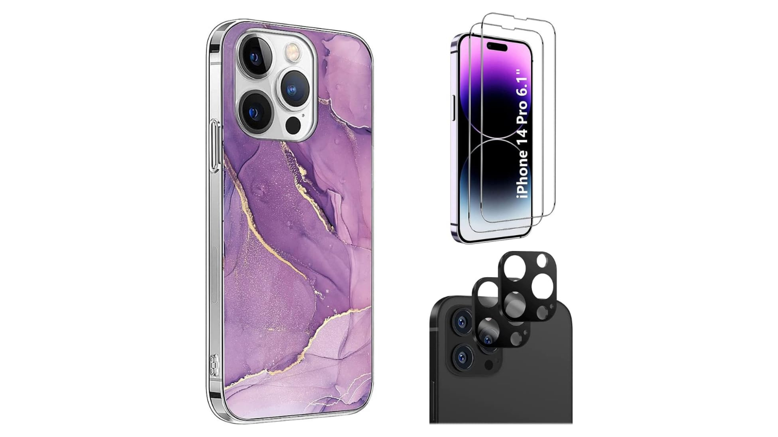 SaharaCase iPhone 14 Pro 6.1-inch Protection Kit Bundle - Marble Series Case with Tempered Glass Screen and Camera Protector (Purple Marble)