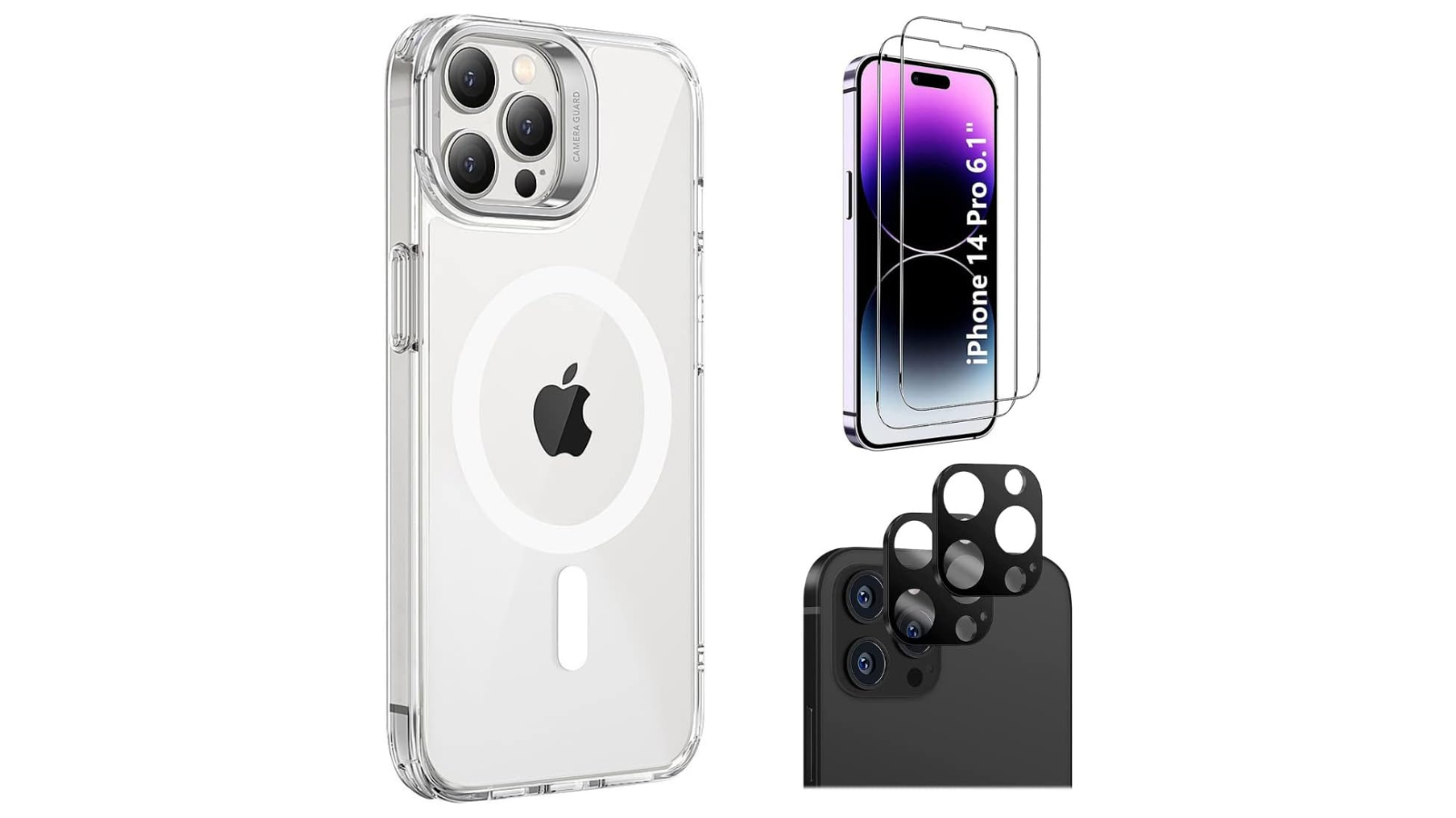 SaharaCase iPhone 14 Pro 6.1-inch Protection Kit Bundle - Hybrid-Flex Kickstand Case with Tempered Glass Screen and Camera Protector - Clear