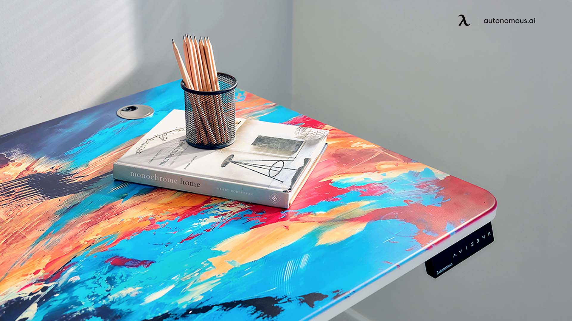 Use stencils, geometric patterns, or freehand designs to turn your desk legs into artwork