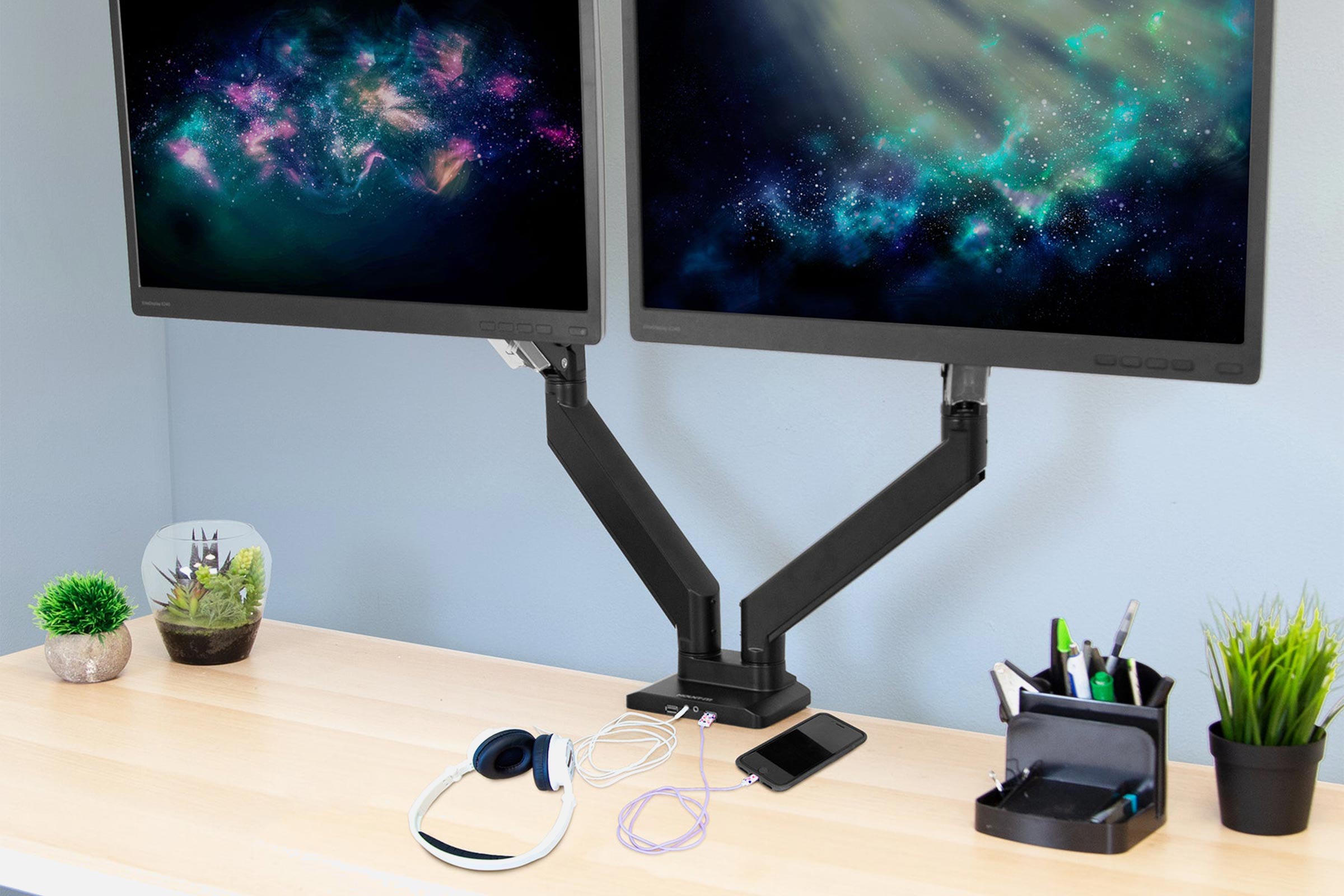 Mount-It! MI-4772 Dual Monitor Desk Mount w/ USB & Multimedia Ports