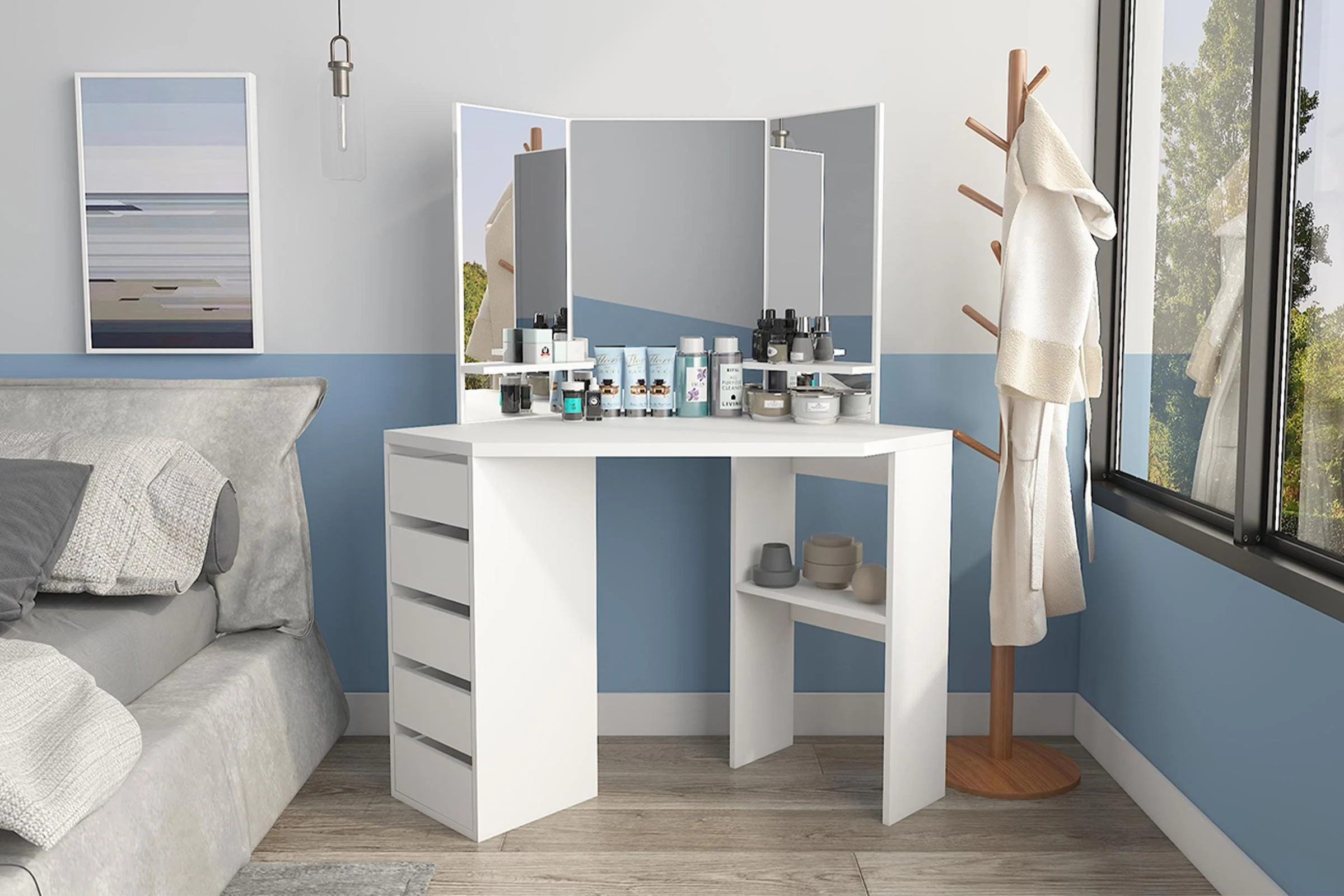 Northread Corner Vanity Desk Makeup Table: 5 Drawers and 3 Mirrors