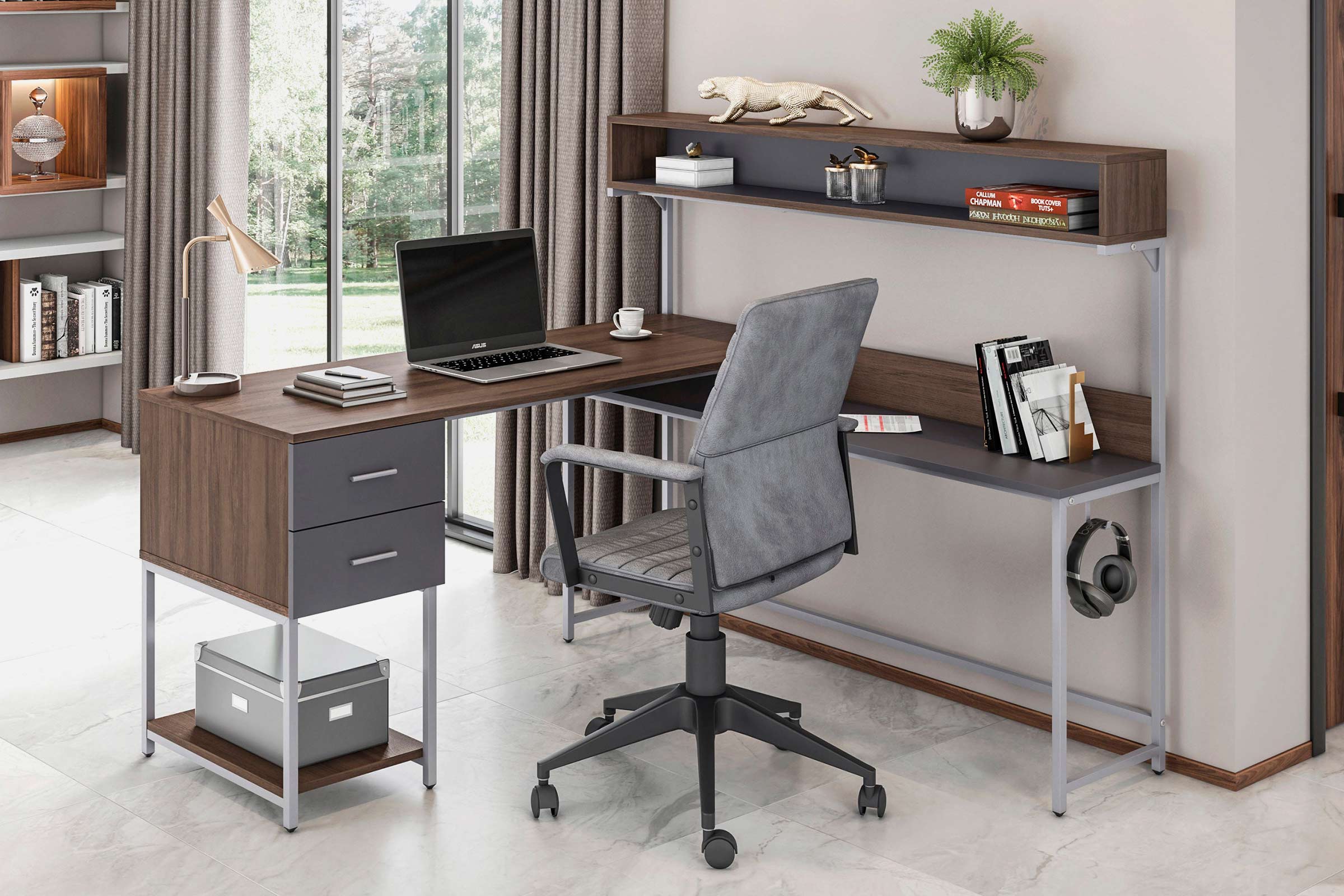 Techni Mobili L-Shape Desk with Hutch and Storage
